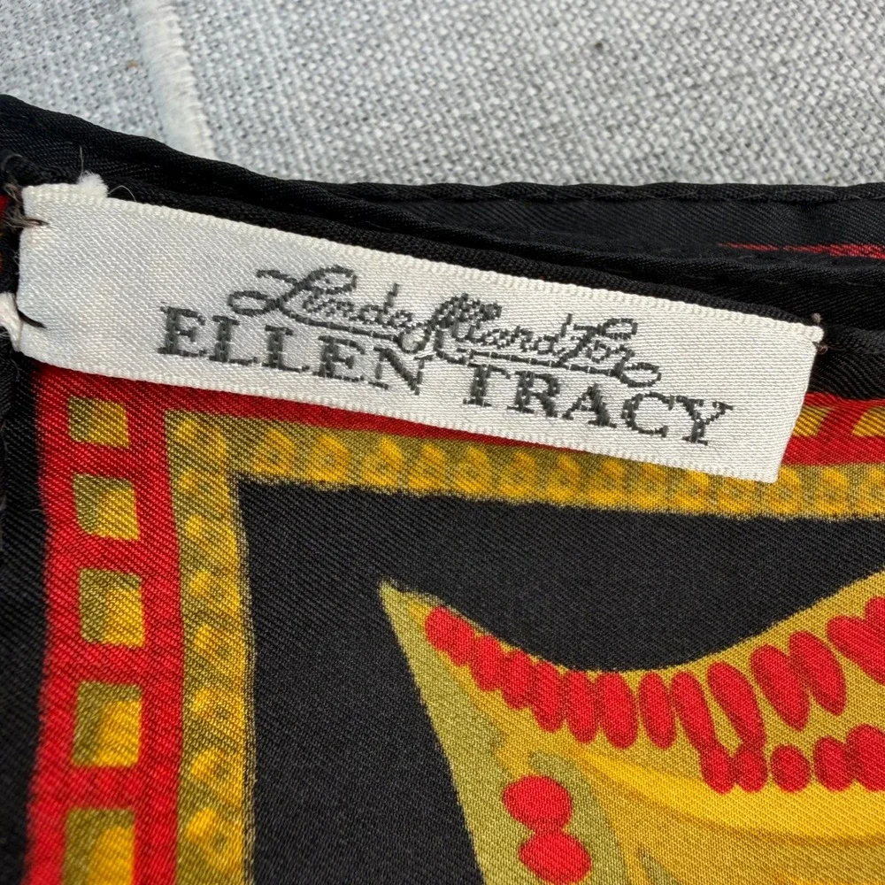 Linda Allard For Ellen Tracy Silk Scarf Black Red Gold Square Silk Scarf